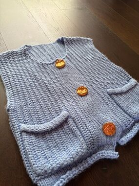 Hand-Knit Light Blue Chunky Vest with Gold Buttons